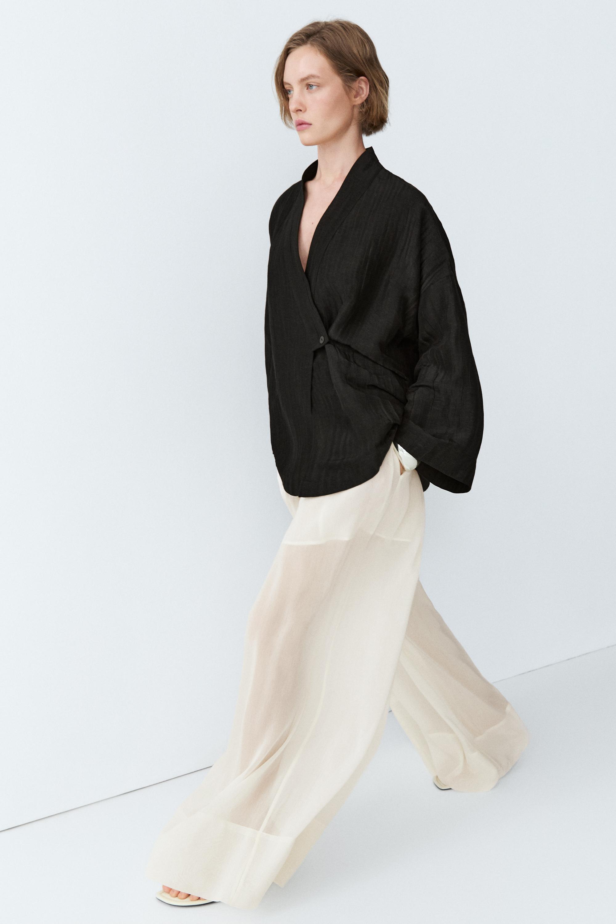 Textured linen blend V-neck kimono